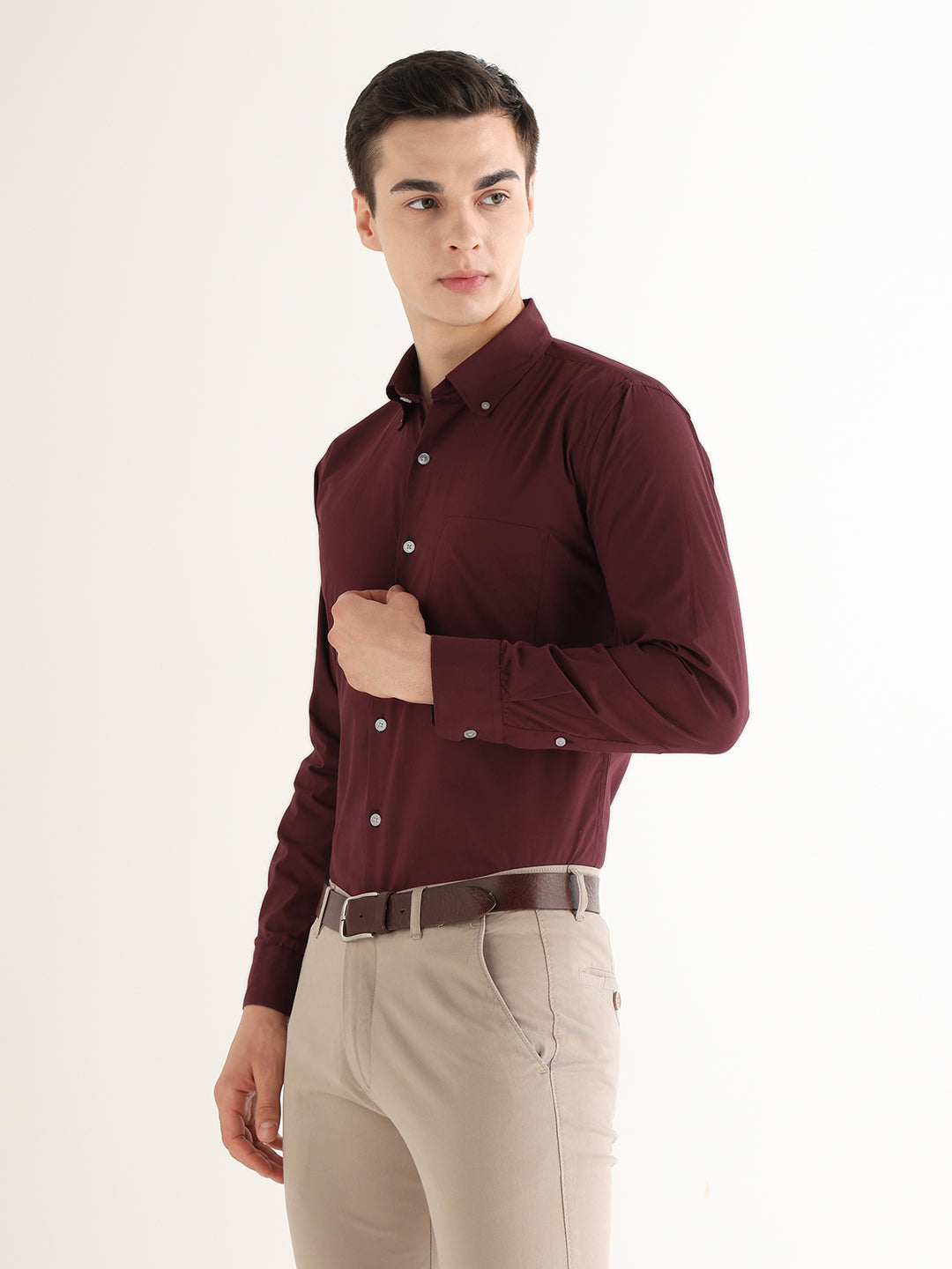 Hancock   Men   Maroon   Solids   Pure Cotton   Slim Fit   Formal   Shirt