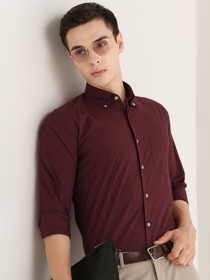 Hancock   Men   Maroon   Solids   Pure Cotton   Slim Fit   Formal   Shirt