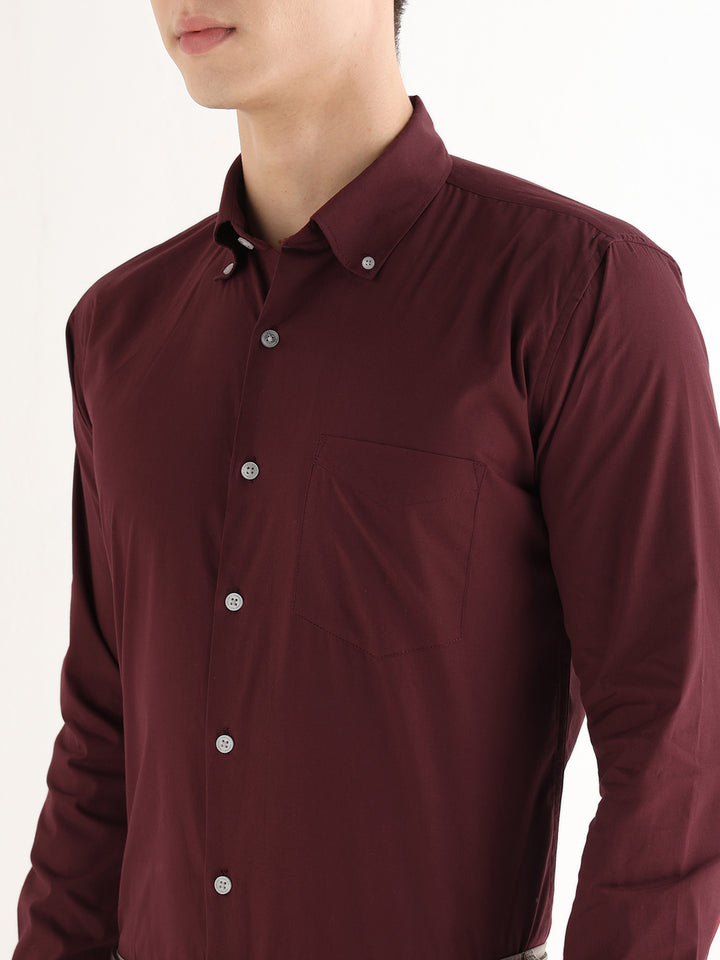 Hancock   Men   Maroon   Solids   Pure Cotton   Slim Fit   Formal   Shirt