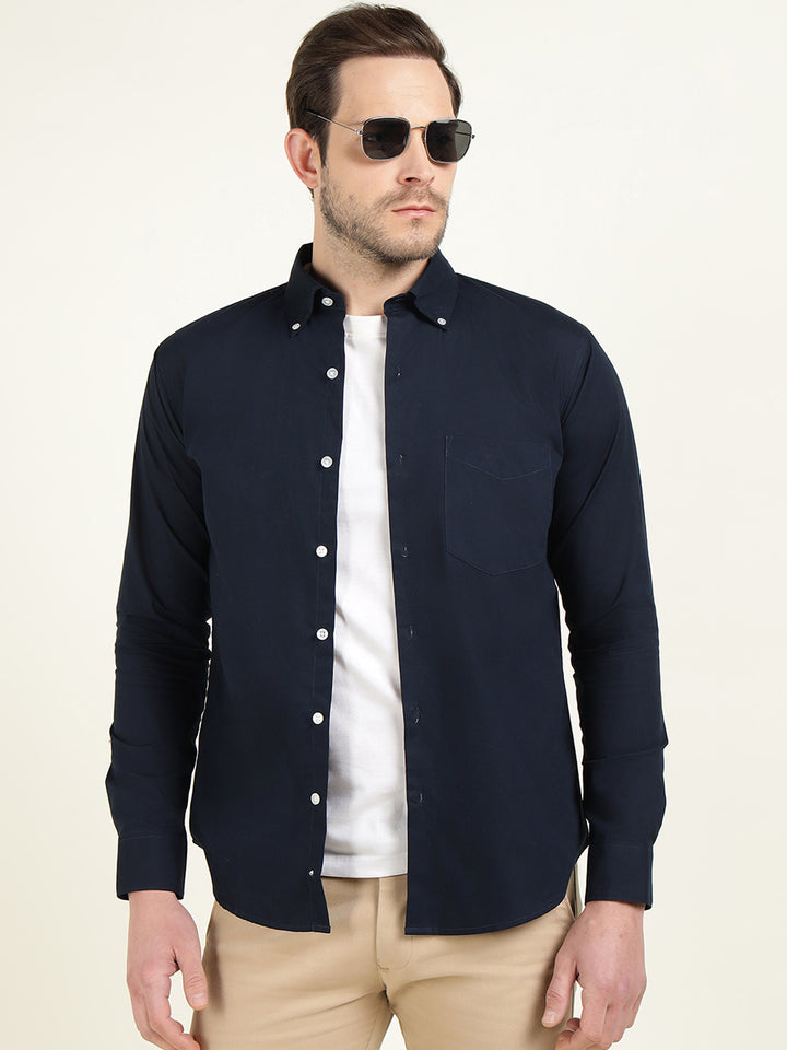 Hancock Men Navy Pure Cotton Button Down Collar Slim Fit Casual Shirt