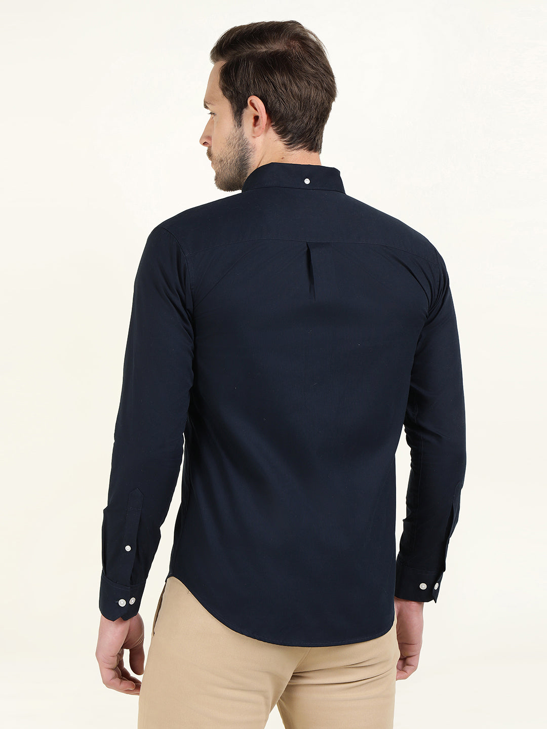 Hancock Men Navy Pure Cotton Button Down Collar Slim Fit Casual Shirt