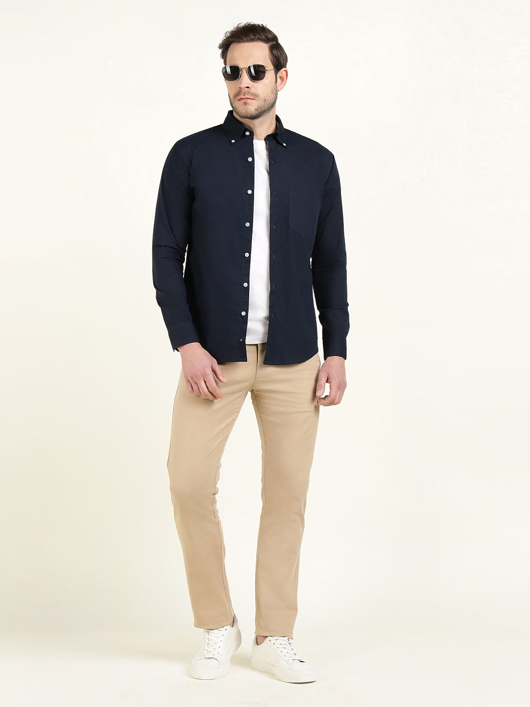 Hancock Men Navy Pure Cotton Button Down Collar Slim Fit Casual Shirt