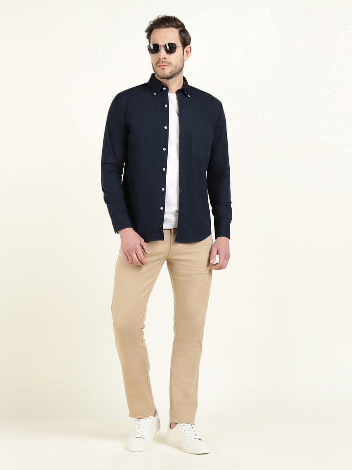 Hancock Men Navy Pure Cotton Button Down Collar Slim Fit Casual Shirt