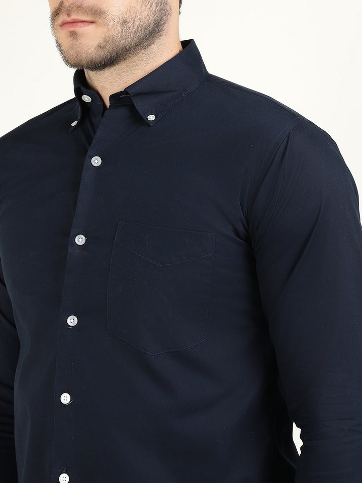 Hancock Men Navy Pure Cotton Button Down Collar Slim Fit Casual Shirt