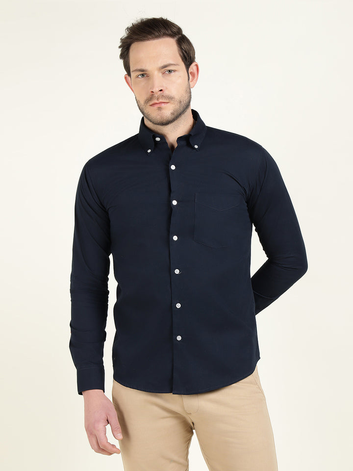 Hancock Men Navy Pure Cotton Button Down Collar Slim Fit Casual Shirt