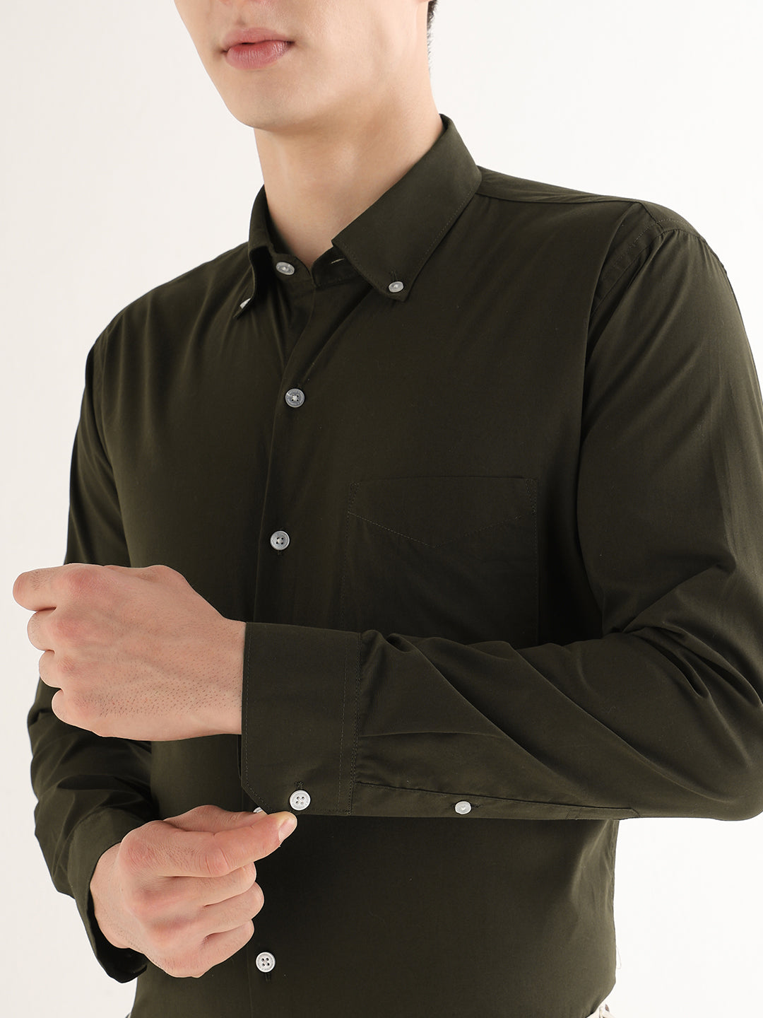 Hancock   Men   Olive   Solids   Pure Cotton   Slim Fit   Formal   Shirt