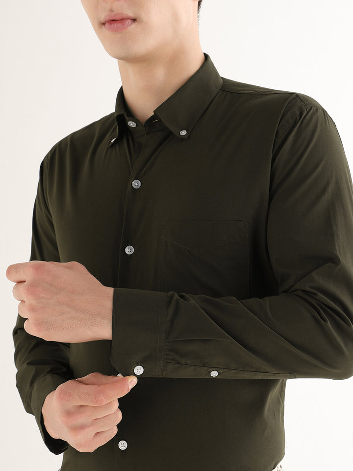 Hancock   Men   Olive   Solids   Pure Cotton   Slim Fit   Formal   Shirt