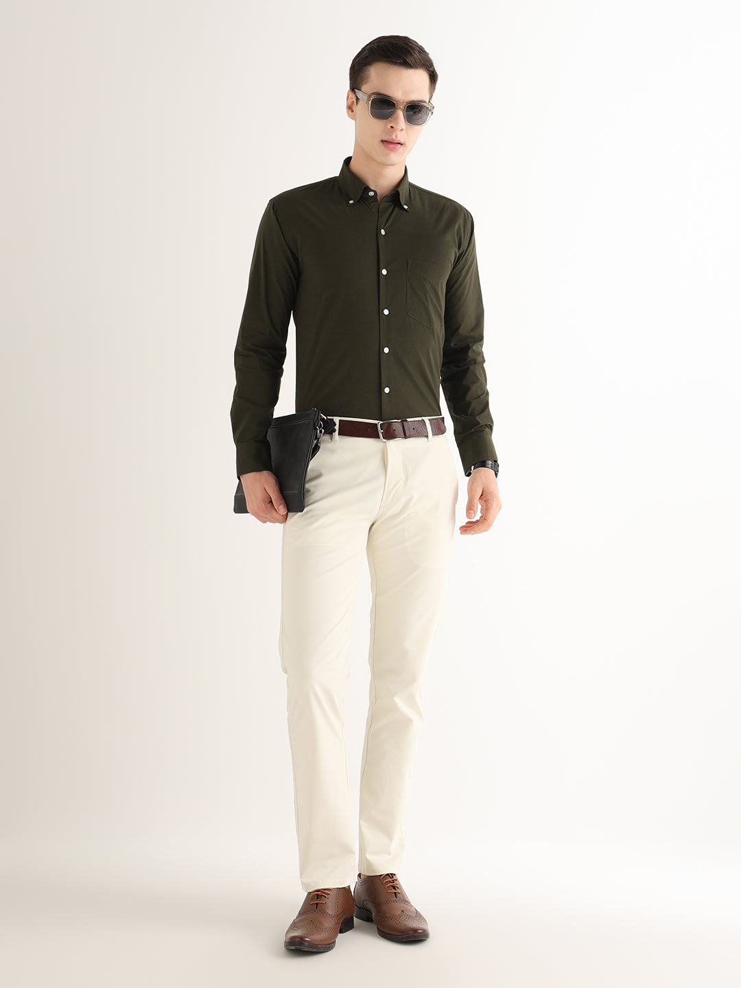 Hancock   Men   Olive   Solids   Pure Cotton   Slim Fit   Formal   Shirt
