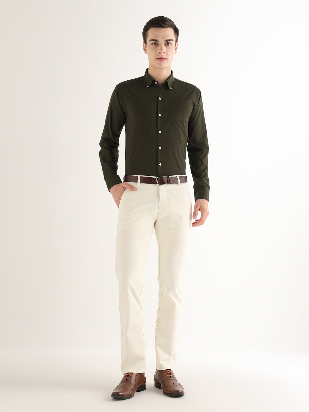 Hancock   Men   Olive   Solids   Pure Cotton   Slim Fit   Formal   Shirt