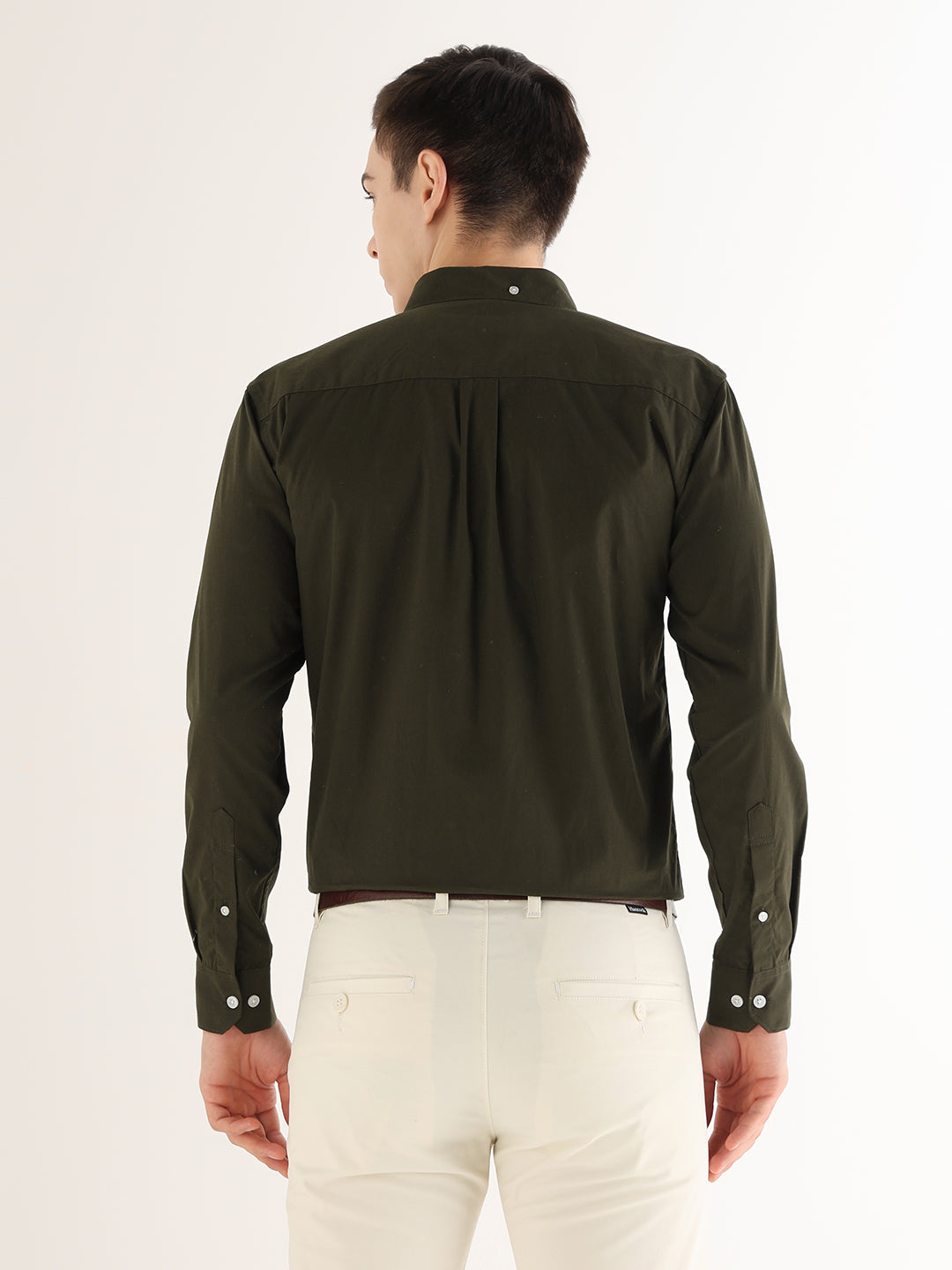 Hancock   Men   Olive   Solids   Pure Cotton   Slim Fit   Formal   Shirt