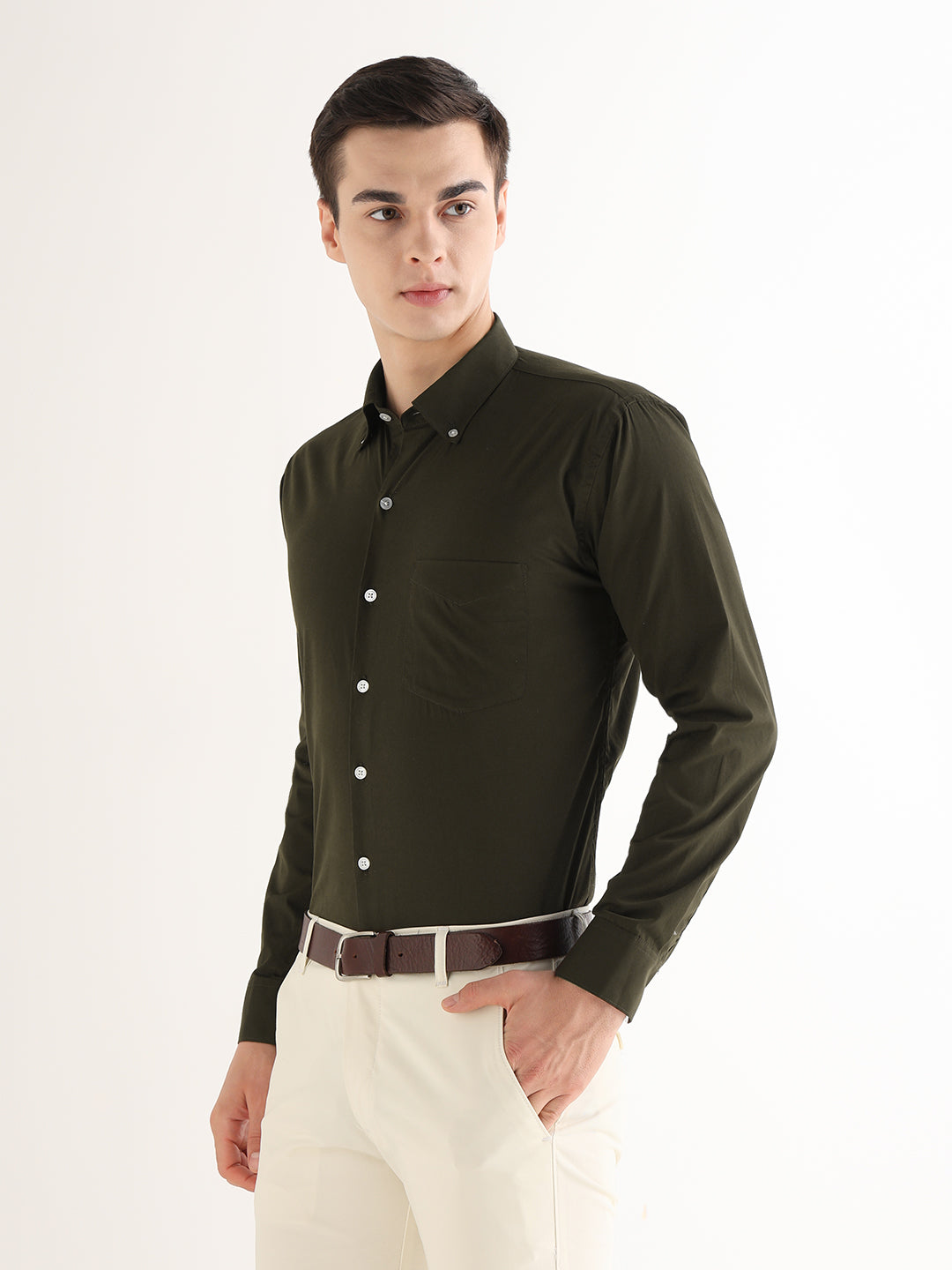 Hancock   Men   Olive   Solids   Pure Cotton   Slim Fit   Formal   Shirt