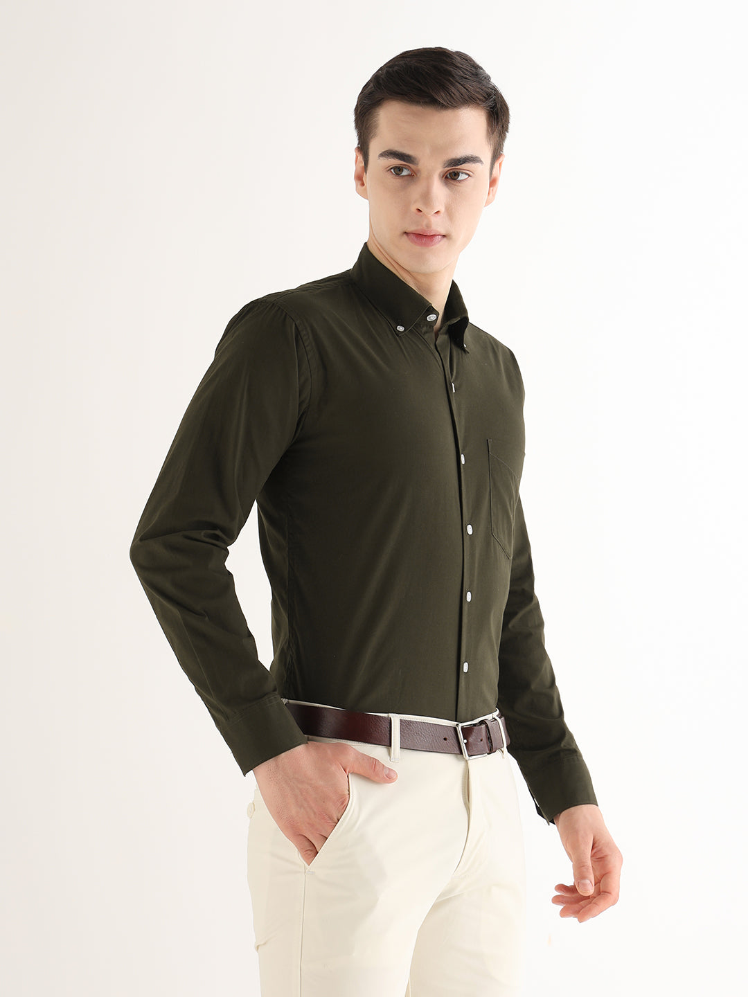 Hancock   Men   Olive   Solids   Pure Cotton   Slim Fit   Formal   Shirt