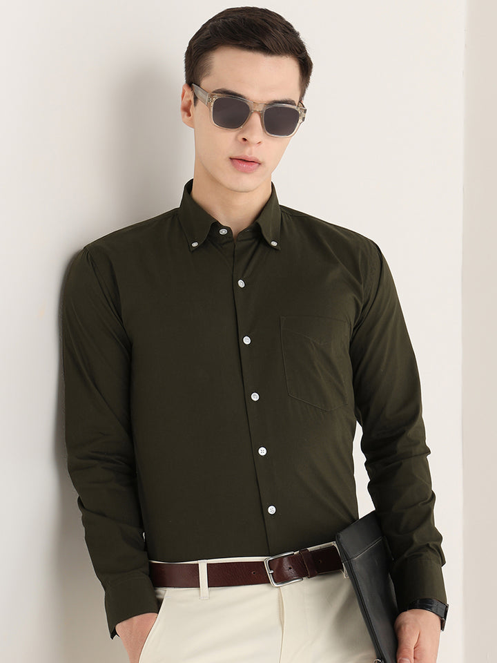 Hancock   Men   Olive   Solids   Pure Cotton   Slim Fit   Formal   Shirt
