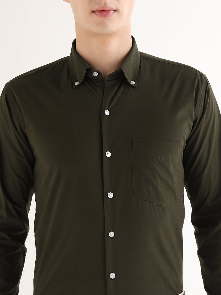 Hancock   Men   Olive   Solids   Pure Cotton   Slim Fit   Formal   Shirt