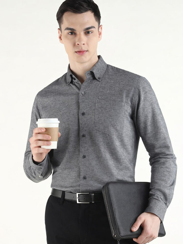Hancock Men Grey Solid Self Design Pure Cotton Slim Fit Formal Shirt