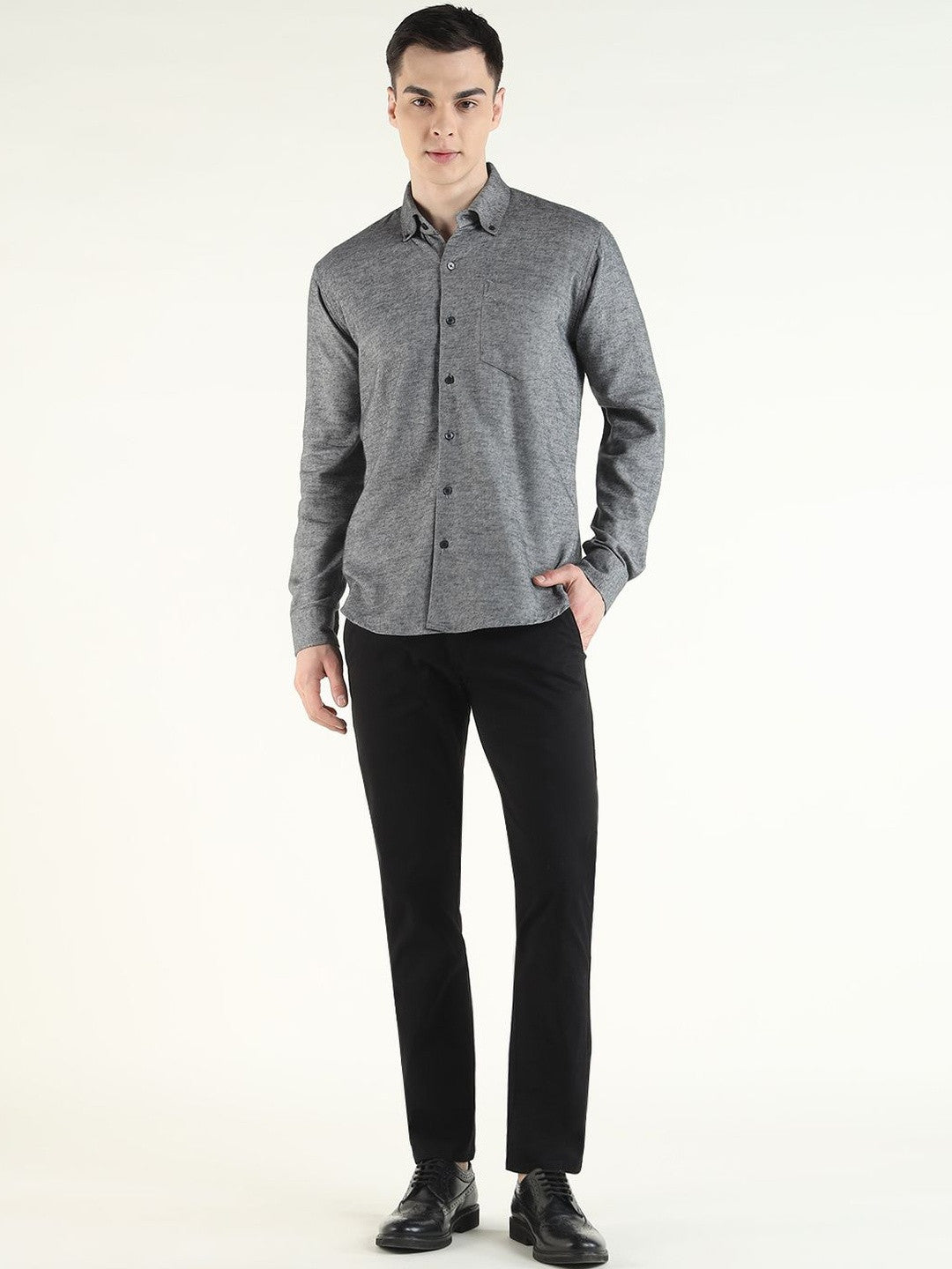 Hancock Men Grey Solid Self Design Pure Cotton Slim Fit Formal Shirt