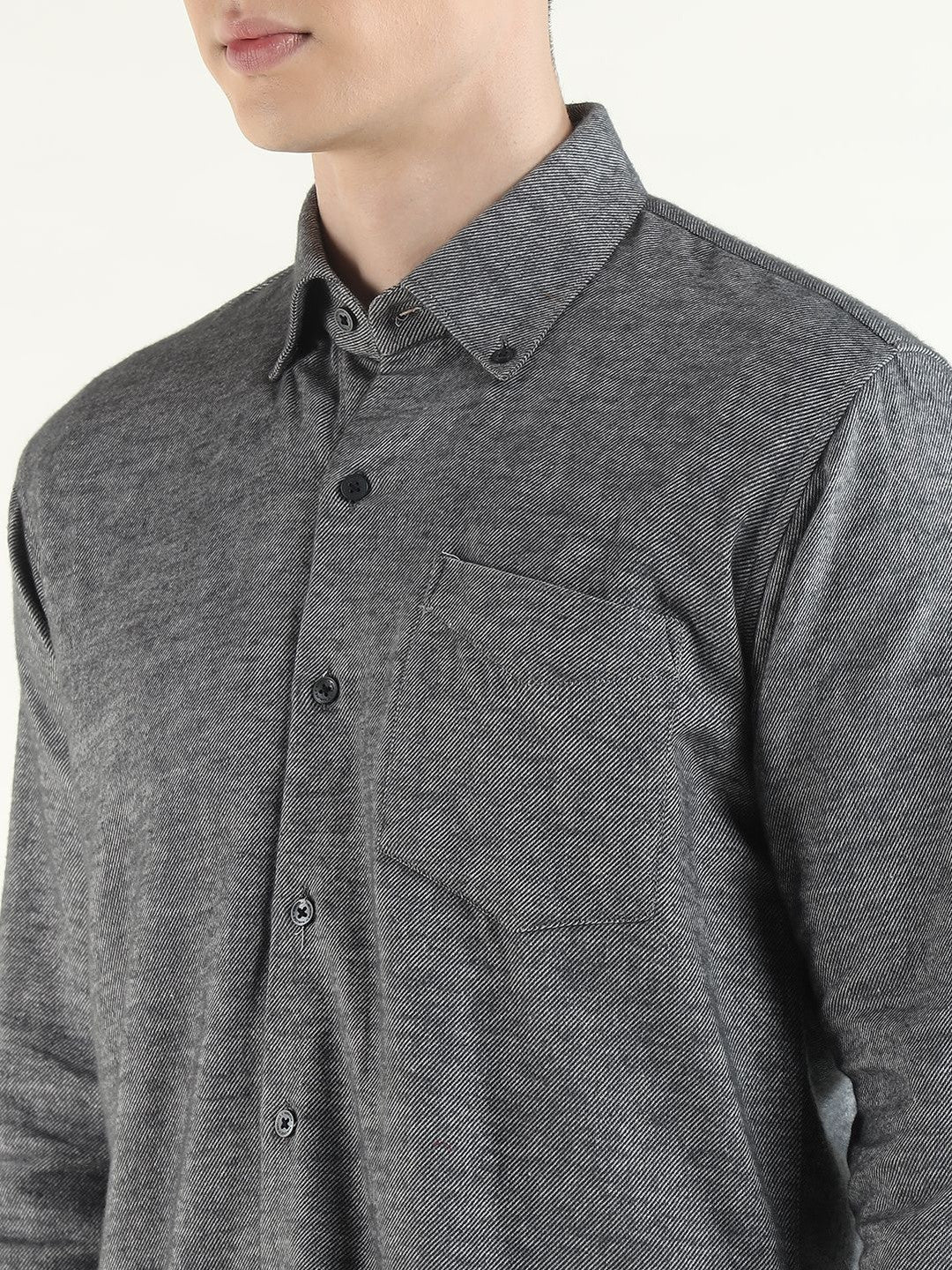 Hancock Men Grey Solid Self Design Pure Cotton Slim Fit Formal Shirt