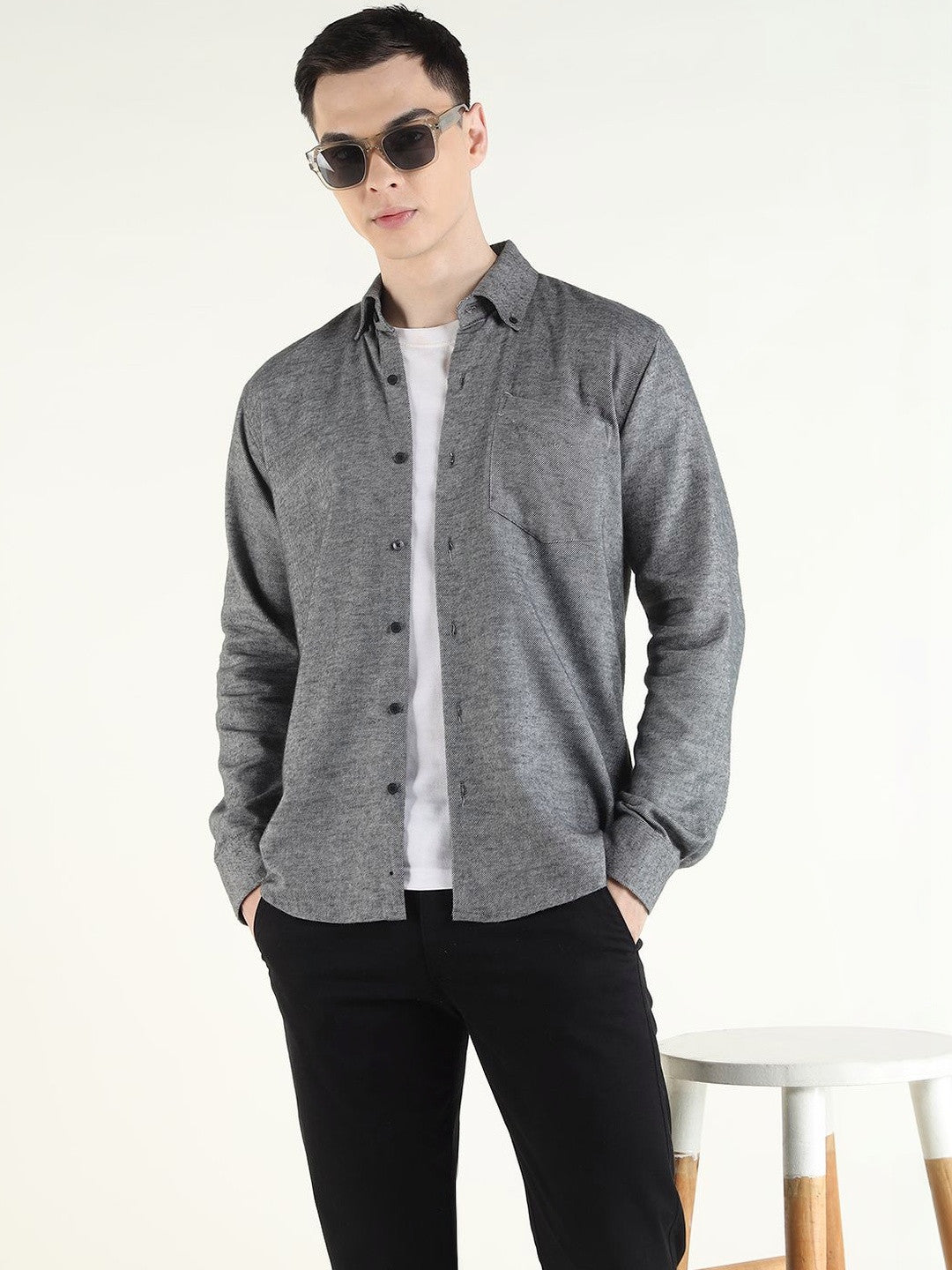 Hancock Men Grey Solid Self Design Pure Cotton Slim Fit Formal Shirt