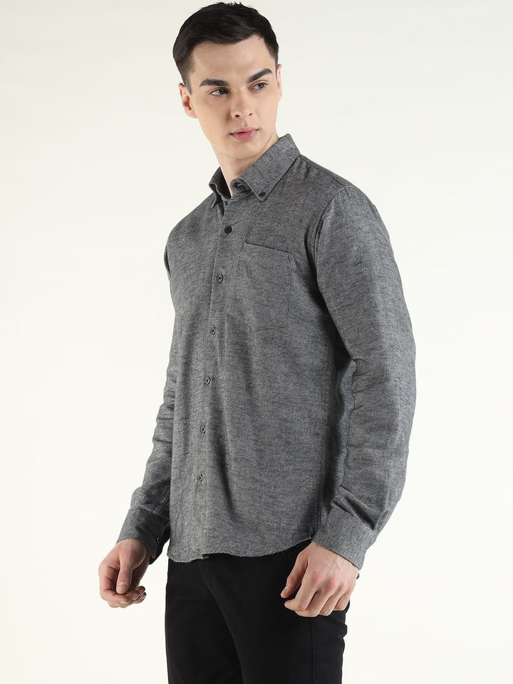 Hancock Men Grey Solid Self Design Pure Cotton Slim Fit Formal Shirt