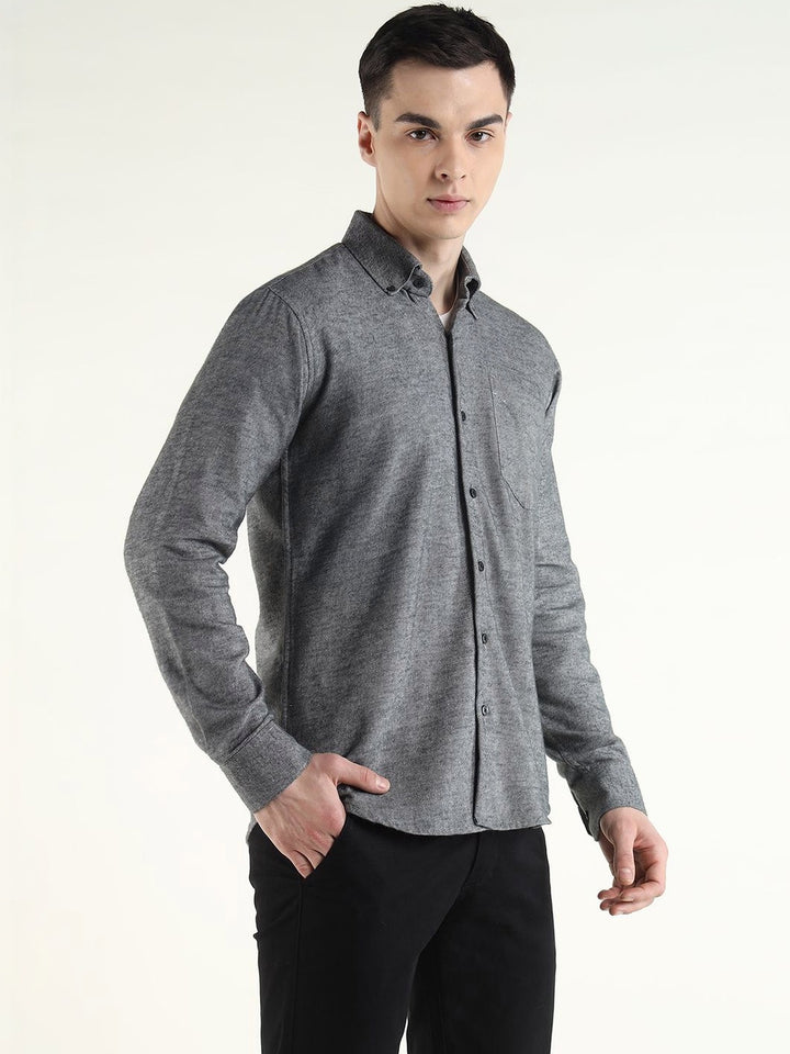 Hancock Men Grey Solid Self Design Pure Cotton Slim Fit Formal Shirt