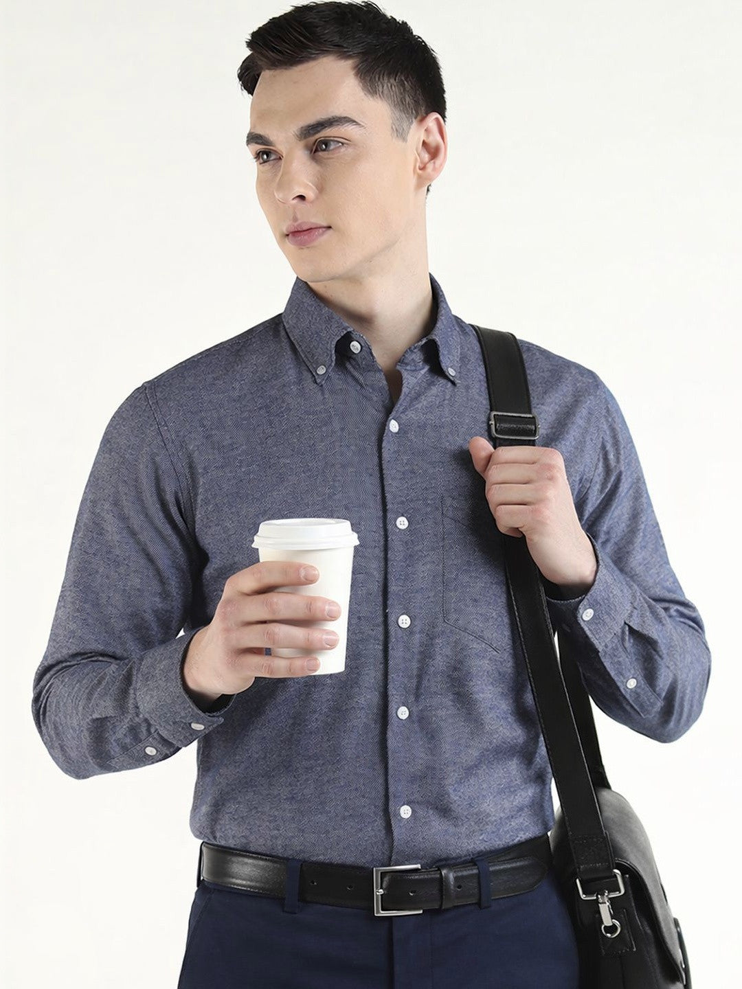 Hancock Men Navy Blue Solid Self Design Pure Cotton Slim Fit Formal Shirt