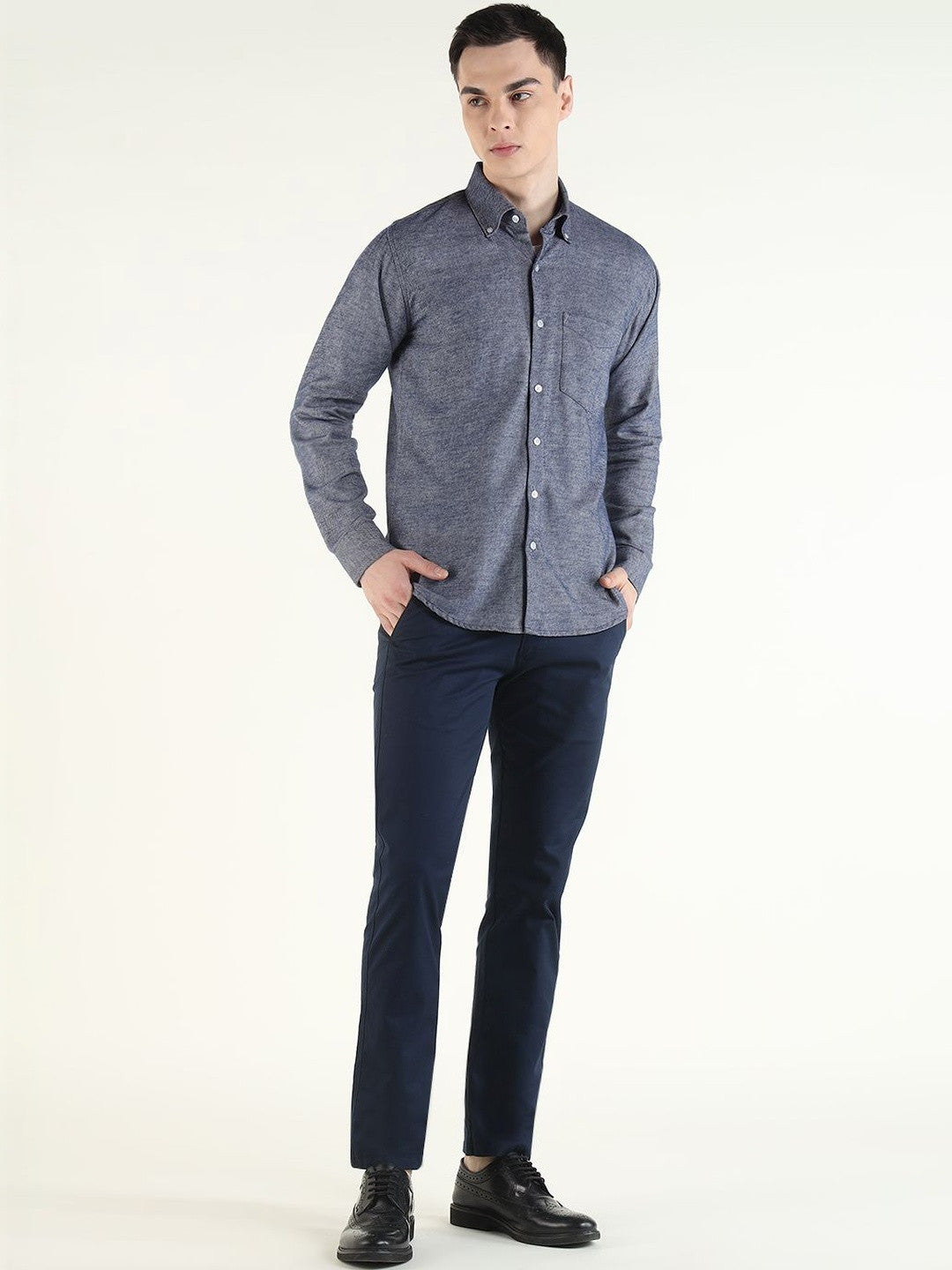 Hancock Men Navy Blue Solid Self Design Pure Cotton Slim Fit Formal Shirt