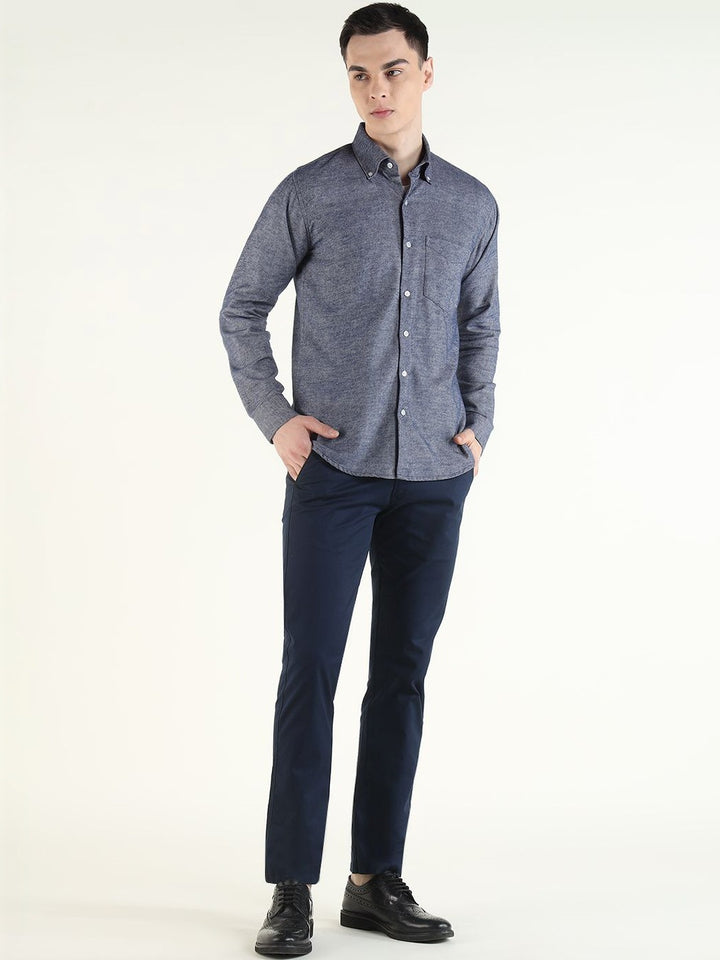 Hancock Men Navy Blue Solid Self Design Pure Cotton Slim Fit Formal Shirt