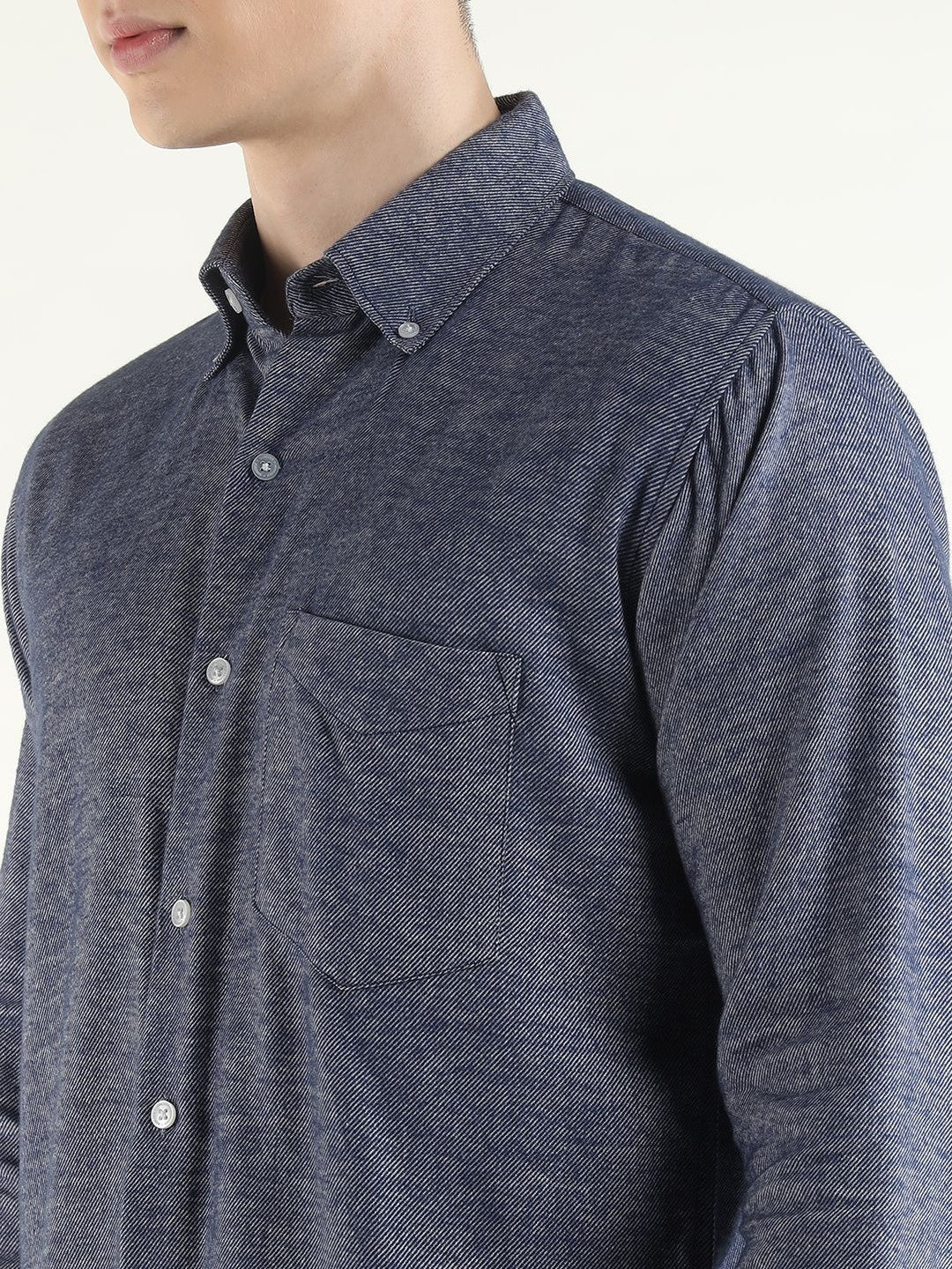 Hancock Men Navy Blue Solid Self Design Pure Cotton Slim Fit Formal Shirt