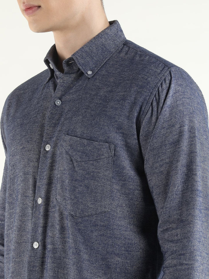 Hancock Men Navy Blue Solid Self Design Pure Cotton Slim Fit Formal Shirt