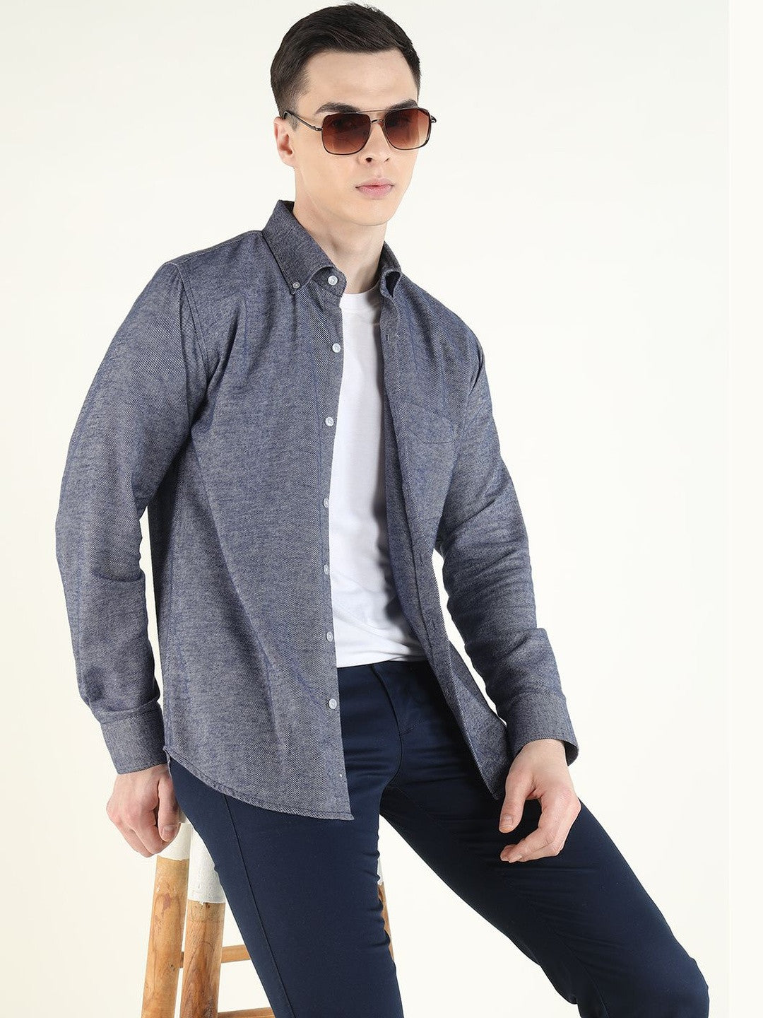 Hancock Men Navy Blue Solid Self Design Pure Cotton Slim Fit Formal Shirt