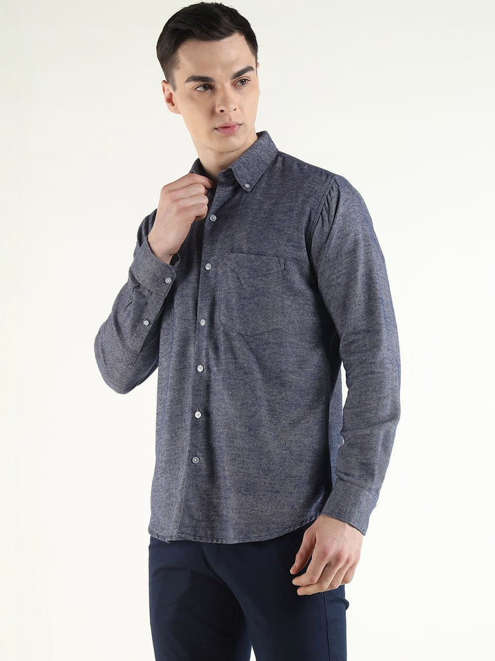 Hancock Men Navy Blue Solid Self Design Pure Cotton Slim Fit Formal Shirt