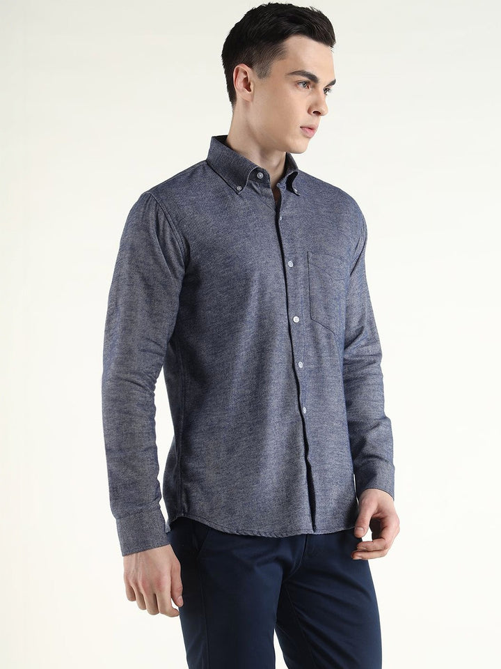 Hancock Men Navy Blue Solid Self Design Pure Cotton Slim Fit Formal Shirt