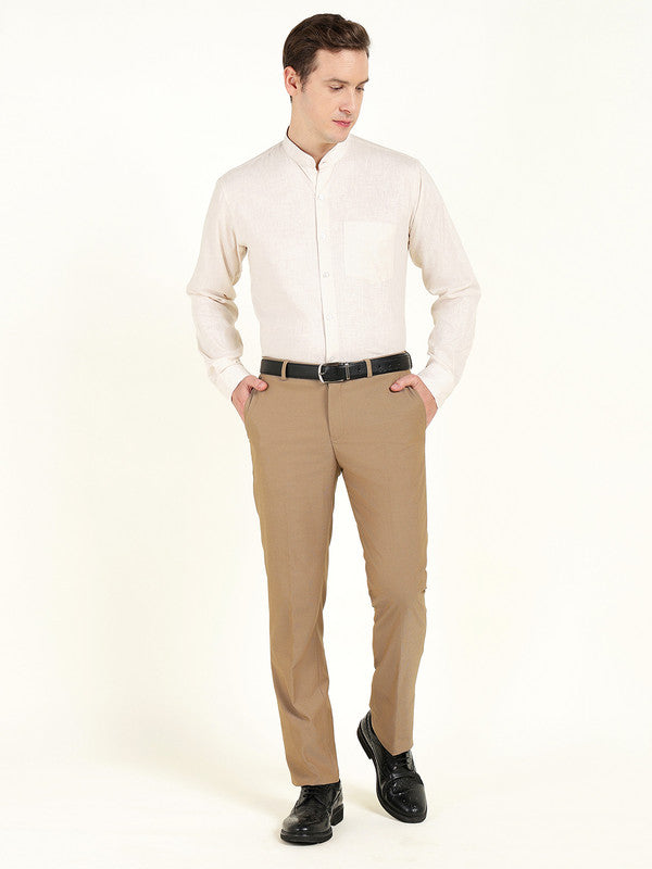 Men Cream Solid Slim Fit Linen Mandarin Collar Formal Shirt