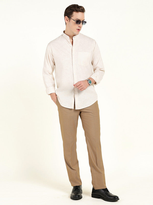 Men Cream Solid Slim Fit Linen Mandarin Collar Formal Shirt