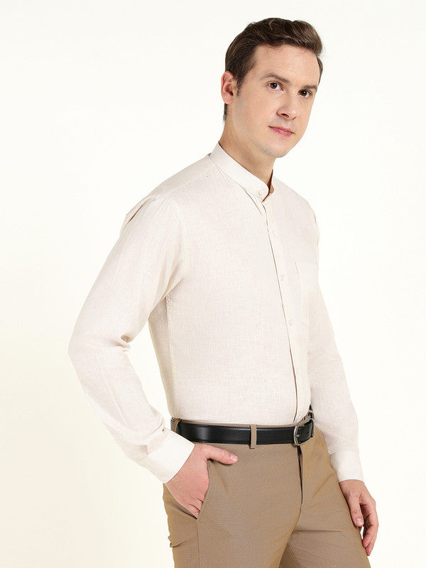 Men Cream Solid Slim Fit Linen Mandarin Collar Formal Shirt