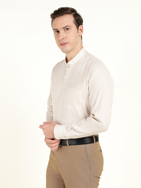 Men Cream Solid Slim Fit Linen Mandarin Collar Formal Shirt