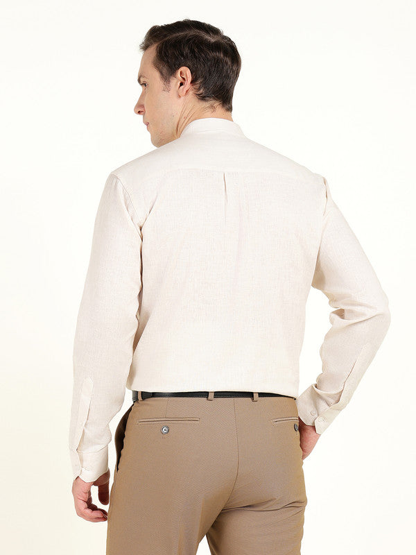 Men Cream Solid Slim Fit Linen Mandarin Collar Formal Shirt