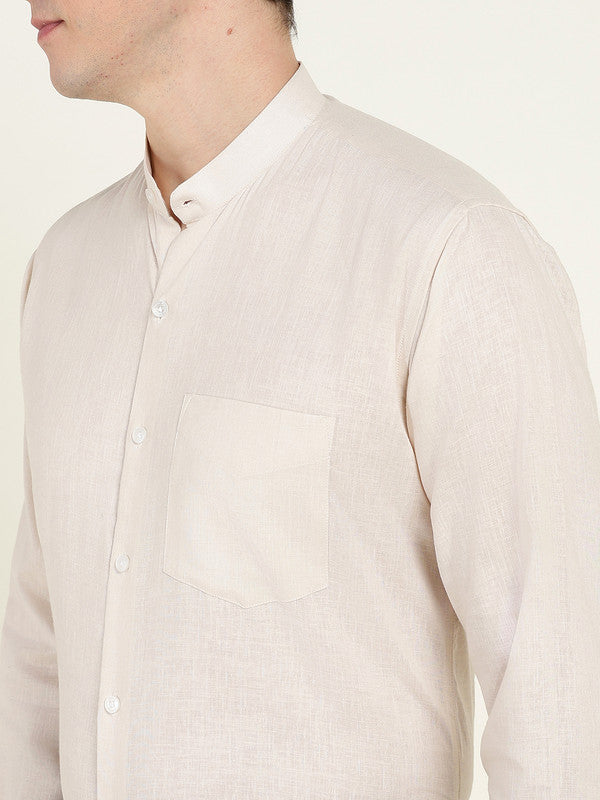 Men Cream Solid Slim Fit Linen Mandarin Collar Formal Shirt