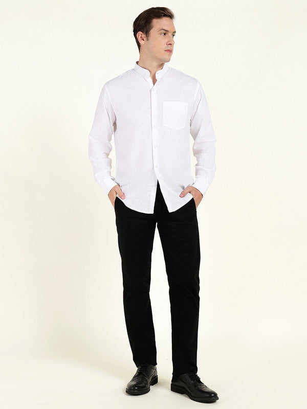Men White Solid Slim Fit Linen Mandarin Collar Formal Shirt