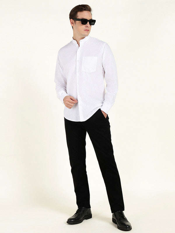 Men White Solid Slim Fit Linen Mandarin Collar Formal Shirt