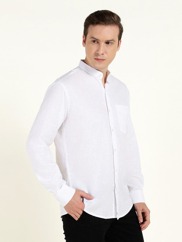 Men White Solid Slim Fit Linen Mandarin Collar Formal Shirt