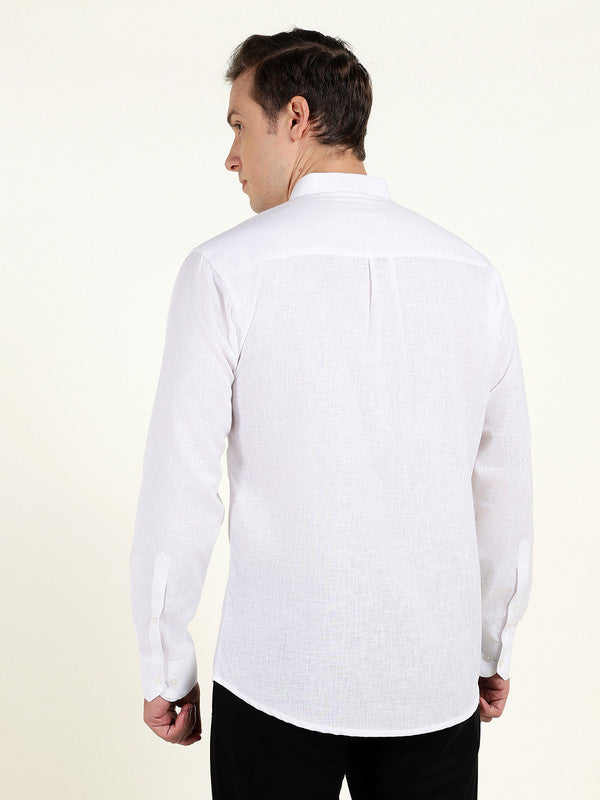 Men White Solid Slim Fit Linen Mandarin Collar Formal Shirt
