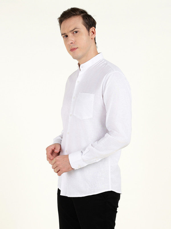 Men White Solid Slim Fit Linen Mandarin Collar Formal Shirt