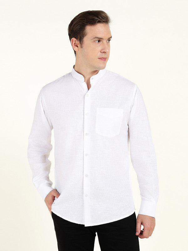 Men White Solid Slim Fit Linen Mandarin Collar Formal Shirt