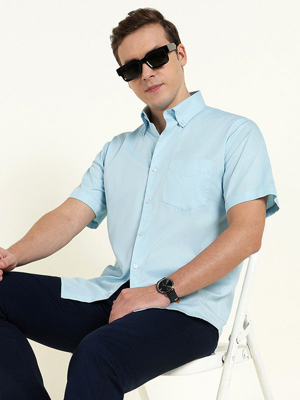 Men Sky Blue Solid Slim Fit Pure Cotton Button Down Collar Shirt