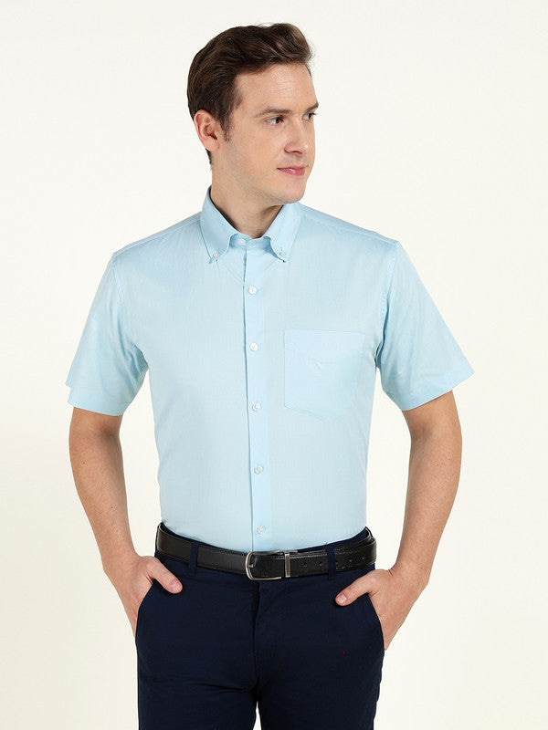 Men Sky Blue Solid Slim Fit Pure Cotton Button Down Collar Shirt