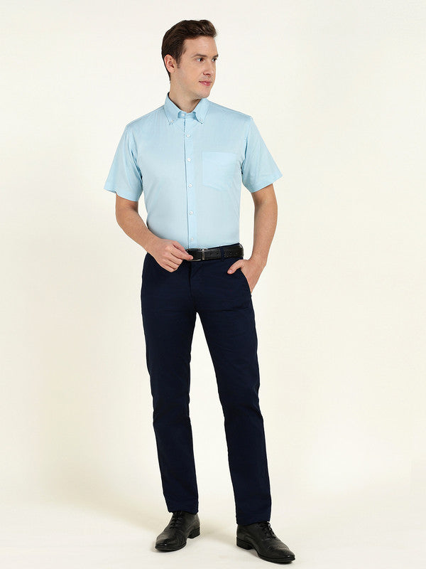 Men Sky Blue Solid Slim Fit Pure Cotton Button Down Collar Shirt