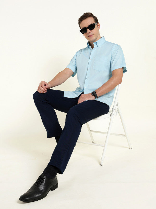 Men Sky Blue Solid Slim Fit Pure Cotton Button Down Collar Shirt