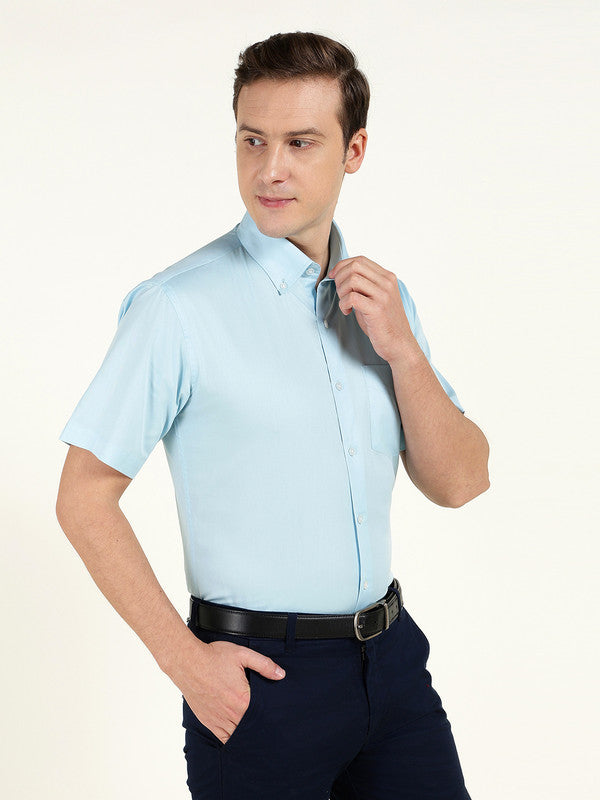 Men Sky Blue Solid Slim Fit Pure Cotton Button Down Collar Shirt