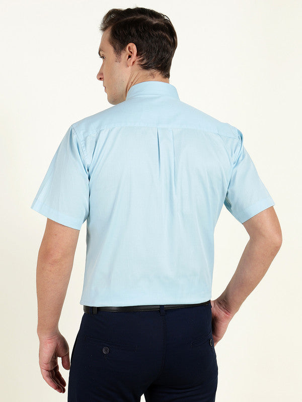 Men Sky Blue Solid Slim Fit Pure Cotton Button Down Collar Shirt